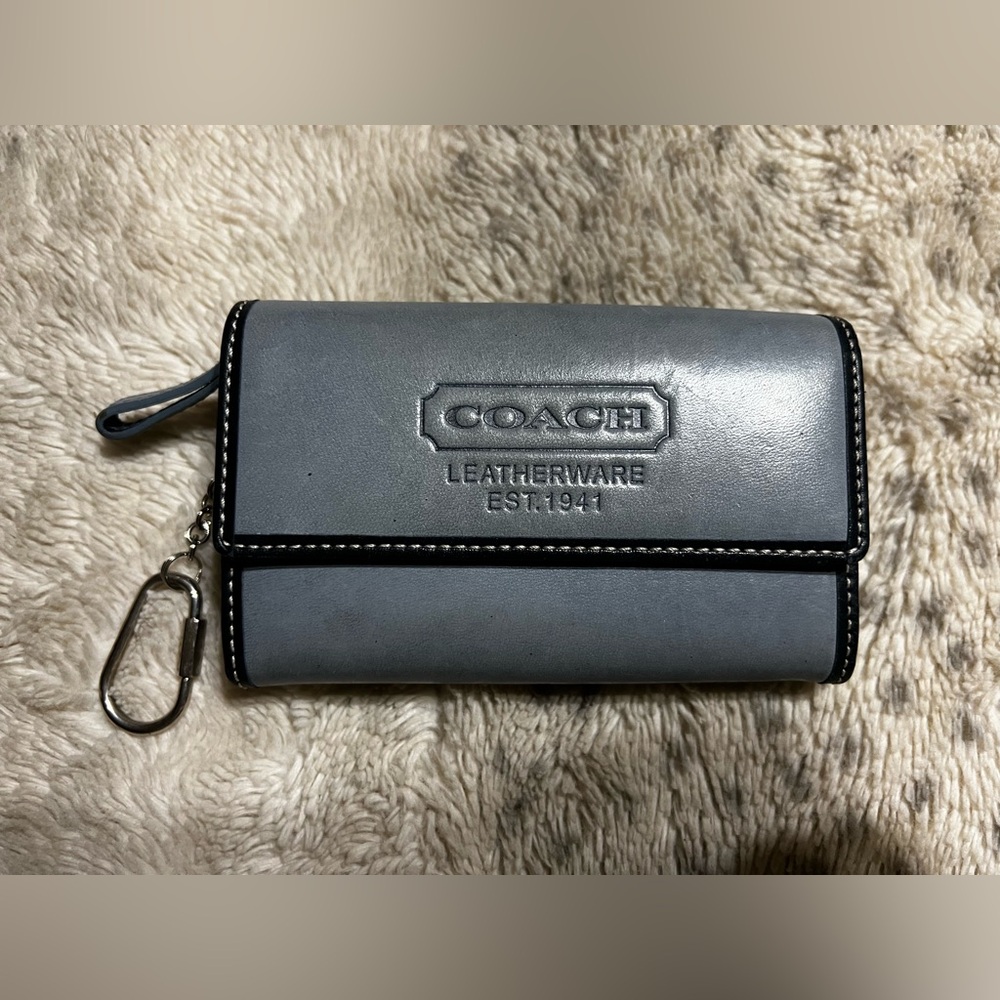 COACH Vintage Blue Navy Trim Leatherware Wallet Card Case Key Chain Slip Pocket